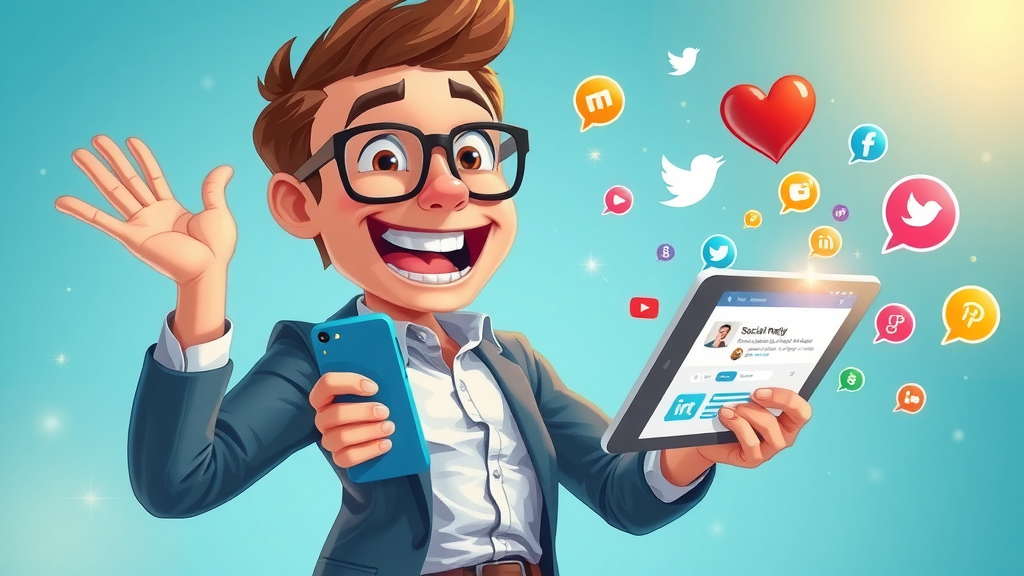 Social media marketer scheduling content, symbolizing how small businesses generate leads on digital platforms using bright social icons