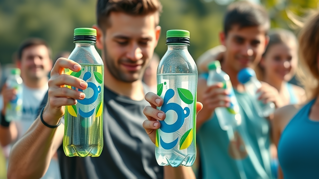 Eco-friendly modern branded water bottles representing sustainable promotional products trends 2024
