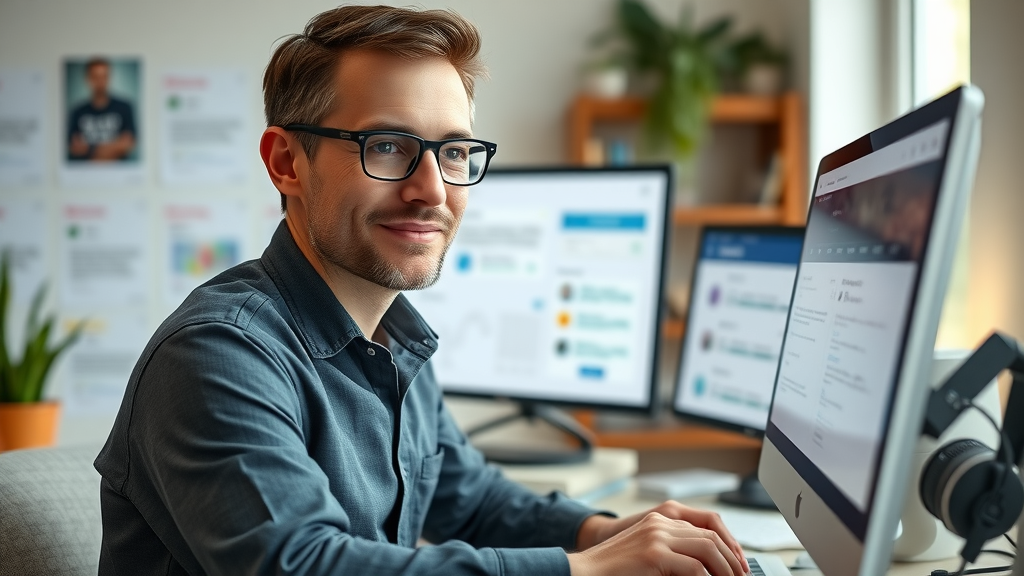 Email marketing manager scheduling personalized digital marketing services campaigns in a cozy workspace