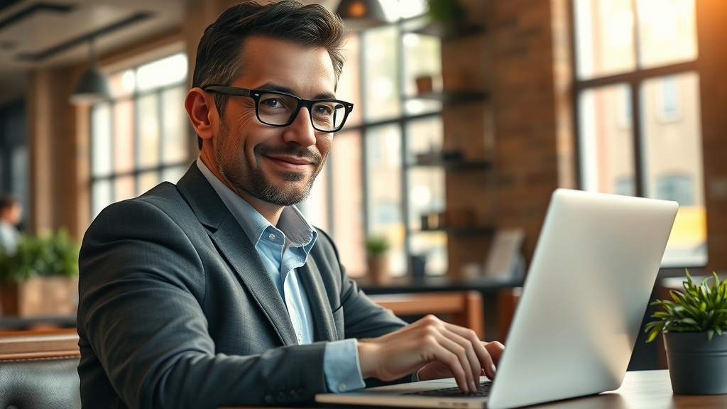 confident business owner updating website on laptop, strengthening online presence, digital marketing for small businesses
