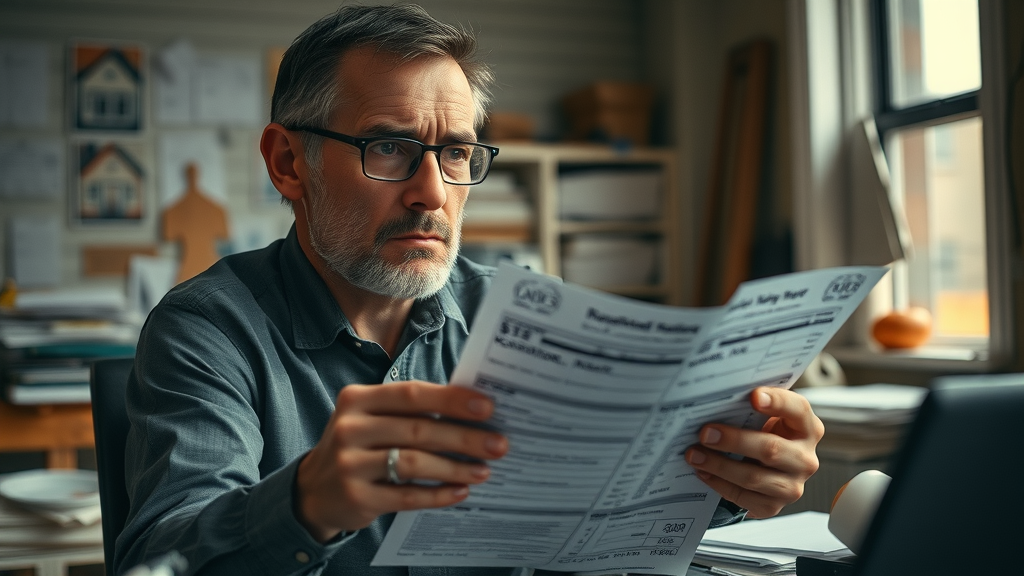 Concerned estate investor reviewing unexpected fix and flip loan expenses