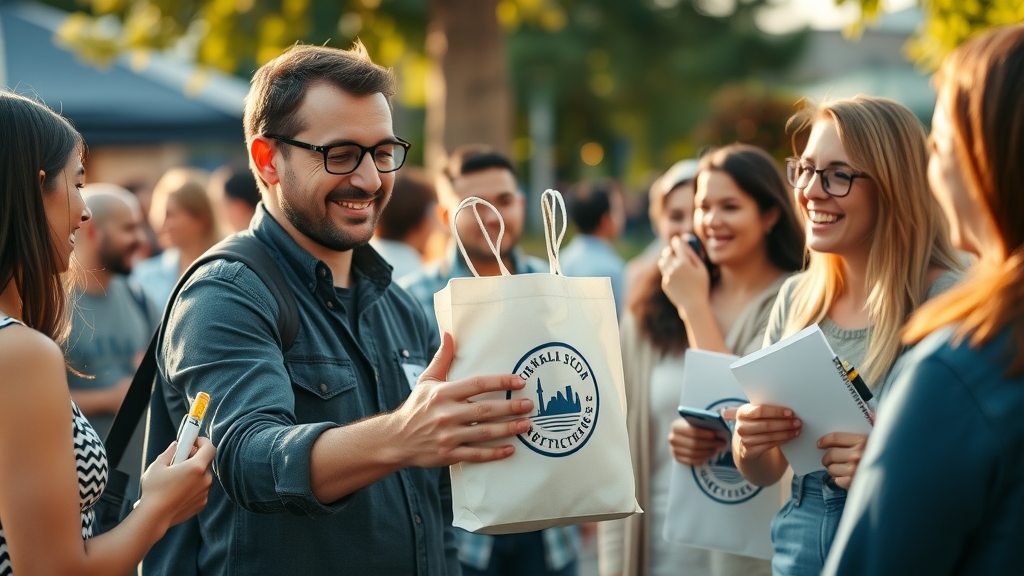 Small business owner handing out branded tote bags and pens at local event