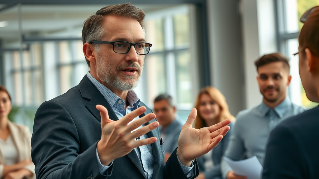 Dynamic business coach engaging in storytelling to attract high-end coaching clients in a modern office