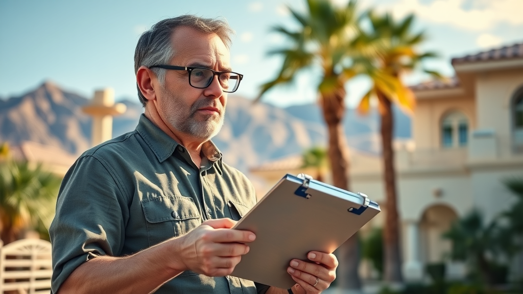 Investment Property Inspector Las Vegas - focused inspector examining a luxurious Las Vegas home in a scenic suburb