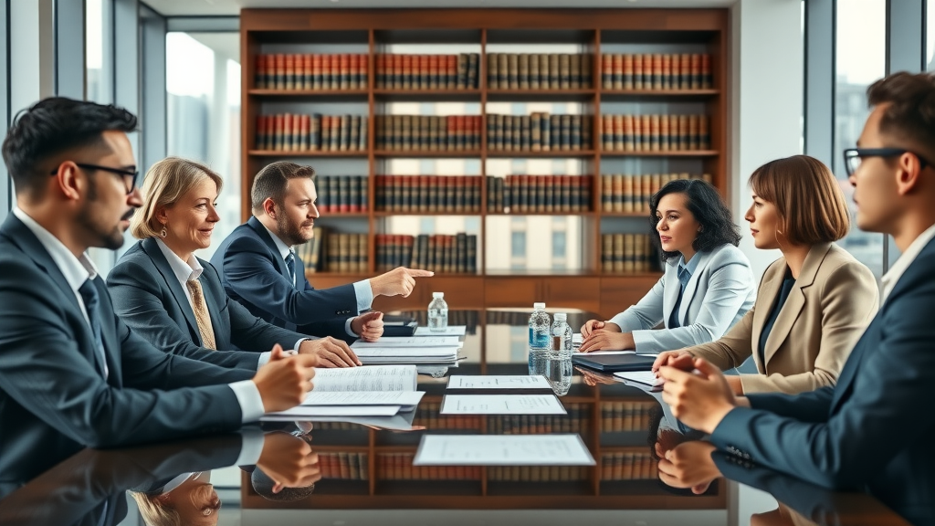 Commercial real estate law experts discussing contracts in sleek conference room