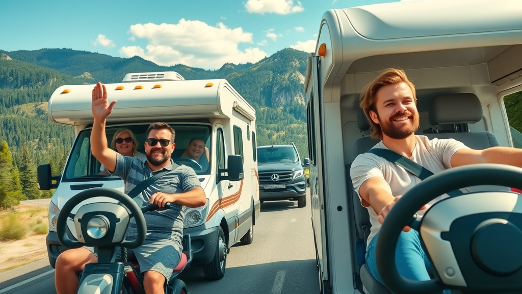 Happy RV travelers driving through scenic routes reflecting current rv park industry trends
