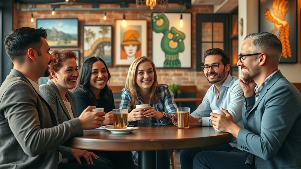Enthusiastic small business owners in a cozy Phoenix café discussing ideas, showcasing local business collaboration and informal networking