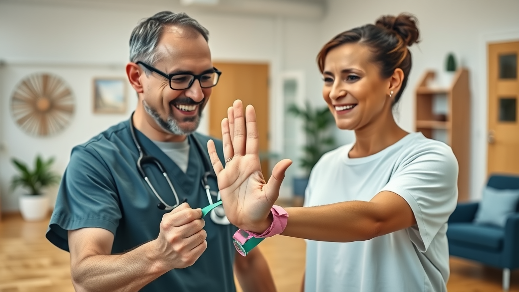 Patient doing hand therapy exercises for upper extremity orthopedic recovery