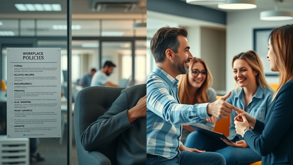 Contrast image split: one side showing formal workplace policies, another with a relaxed inclusive environment. Smiling team collaborating in a diverse work environment.