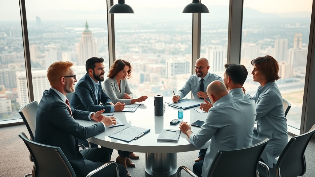 Business leaders collaborating at chamber networking events in a modern office setting