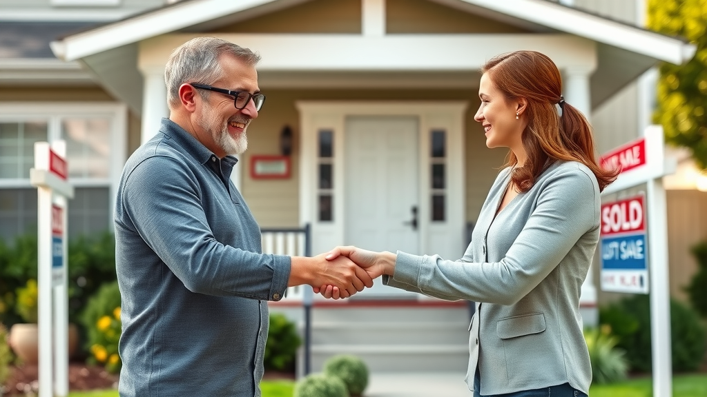 Homeowner and local real estate expert close a deal on a newly renovated home, celebrating a quick sale