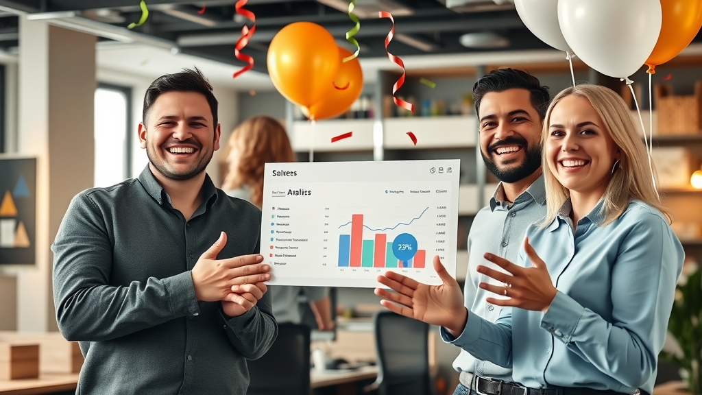 Small business team celebrating sales increase using AI analytics dashboard