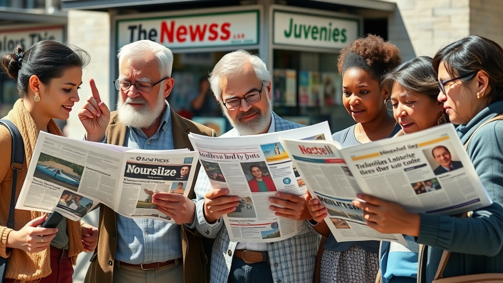 Residents discussing local headlines together, reinforcing community understanding through community news