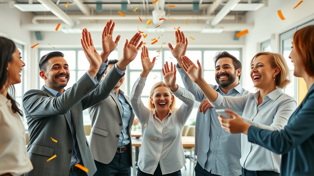 successful business team celebrating growth with effective media planning and buying