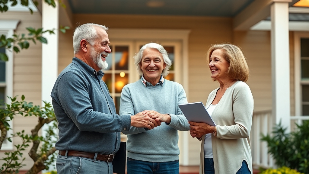 hecm for purchase senior couple shaking hands with realtor after home purchase front porch