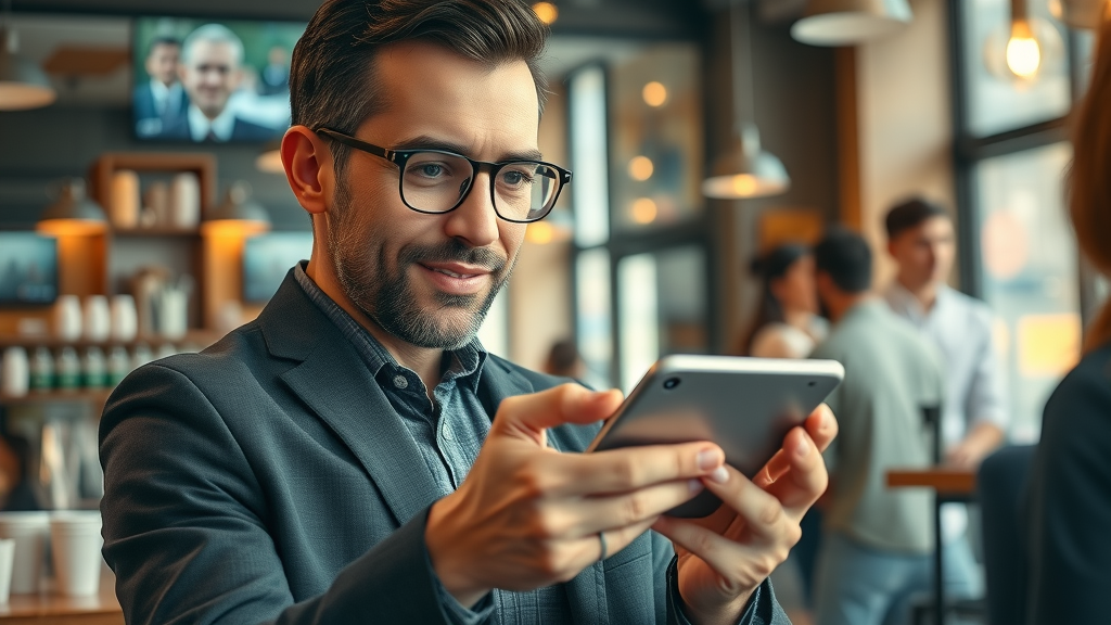 small business owner interacting with chatbot AI tools on smartphone in coffee shop