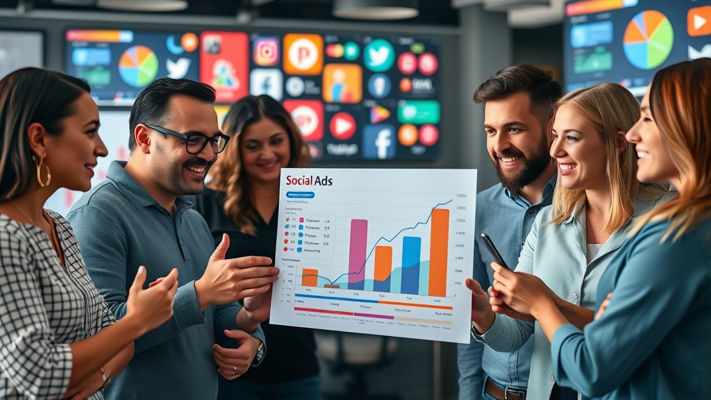 Marketers team reviewing paid social media ad campaign charts for Facebook, Instagram, LinkedIn