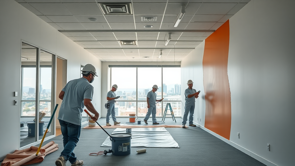 modern commercial office Spokane being painted, skilled team applying professional paint, Spokane Valley skyline, commercial paint project in surrounding areas