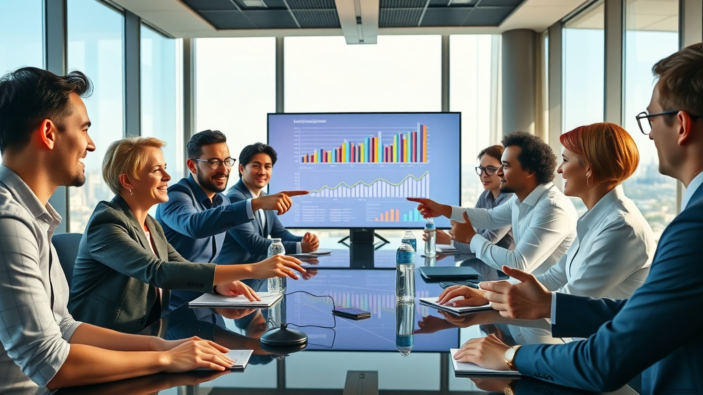 Inspiring Australian business boardroom team discussion, including neurodiverse individuals, pointing at vibrant digital charts showing workplace innovation and growth, with Sydney skyline, natural engagement and diverse collaboration.