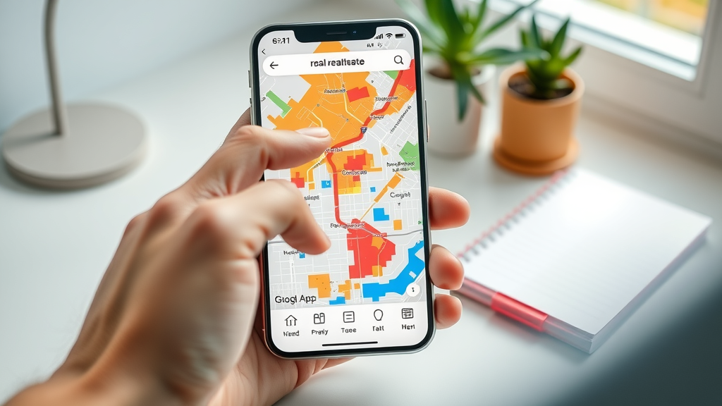 real estate mobile app for local expertise showing heatmaps, high detail, clear interface