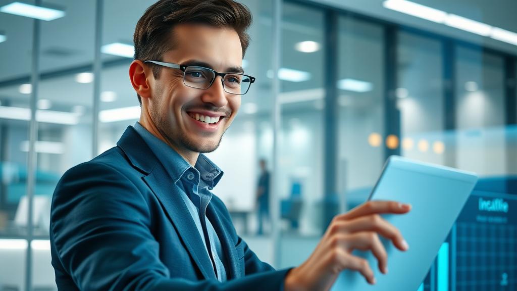 Confident business owner using digital media dashboard in a modern office