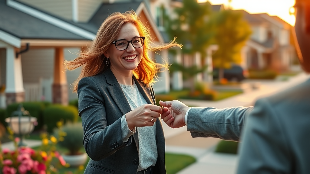 Successful real estate agent handing house keys to client after leveraging area-specific expertise for client success