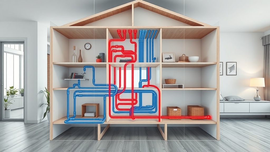 Detailed home plumbing pipe system diagram, highlighting plumbing infrastructure.