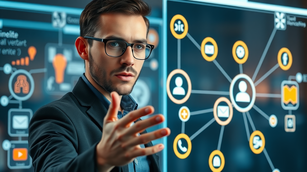 modern marketer mapping content distribution channels on an interactive digital board with glowing platform icons