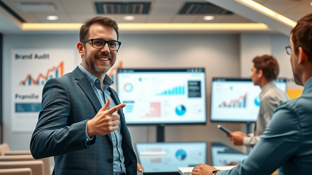 Insightful marketing strategy consultant presenting brand audit with digital dashboard and market data