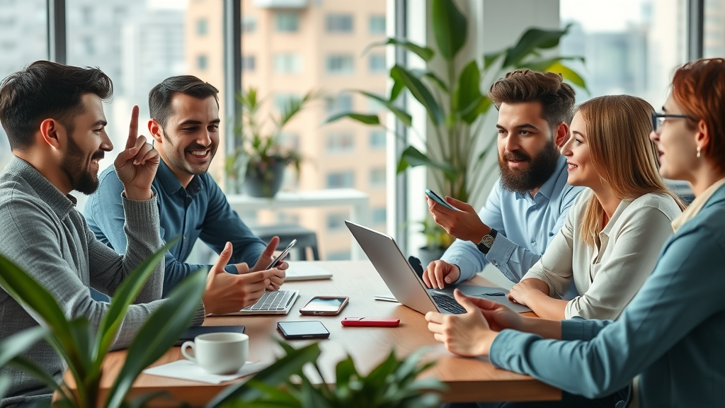 AI for small businesses: Small business owners discussing new technology in a modern office environment