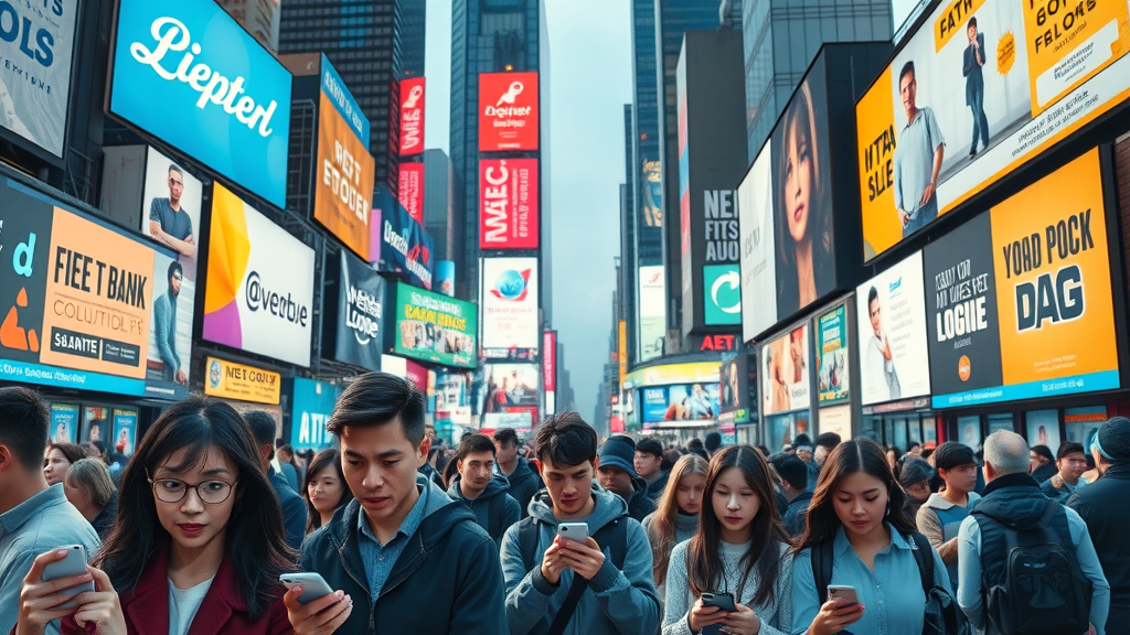 urban cityscape bustling with digital billboards and mobile ads highlighting social media paid ads
