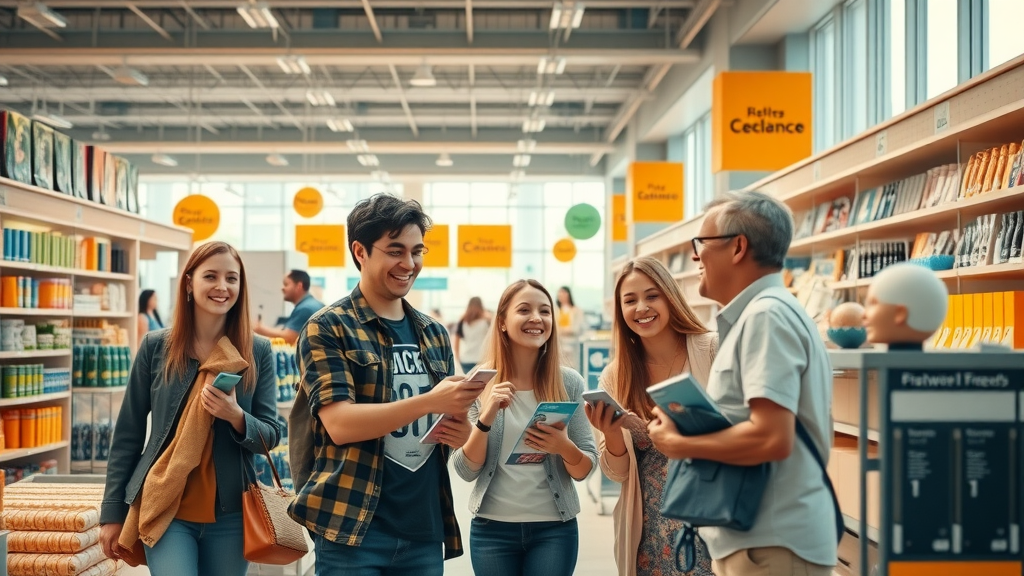customers excitedly shopping, boosting foot traffic to retail store, large modern shop, warm lighting, diverse groups purchasing