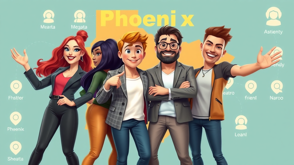 Dynamic group of four influencer types, Phoenix map background, micro-influencers, macro-influencers, nano-influencers, mega-influencers, audience size illustration