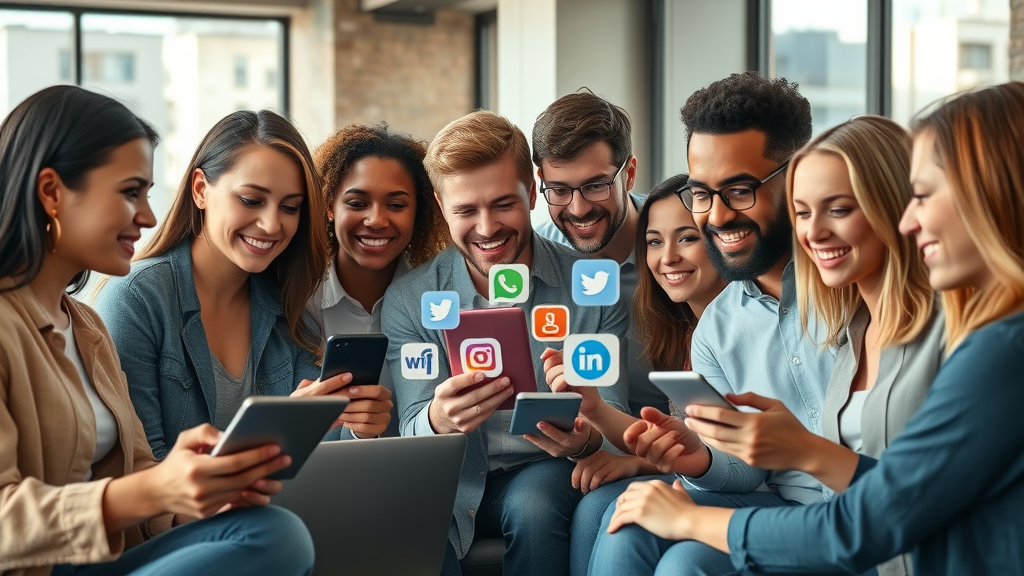 Vibrant group of diverse young professionals collaborating with social media icons, influencers: voices for your business, Phoenix coworking office