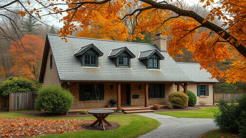 rustic country home with authentic slate and wood shake roofing materials set among colorful autumn trees.