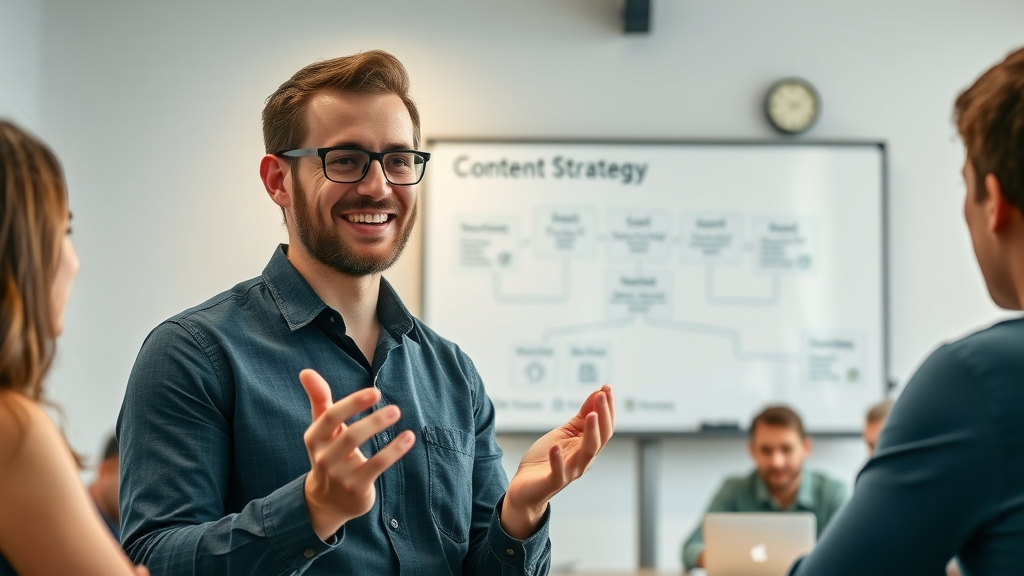 Confident content strategist presenting blog strategy to team how to write a blog post that answers real questions your customers are asking