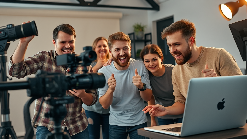 Content creators producing media content by filming a video and writing a blog post in a modern studio environment