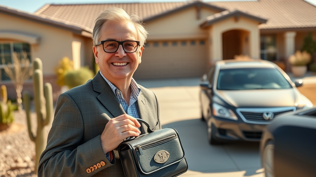 friendly mobile notary public in arizonia arriving at Arizona home with paperwork, desert landscaping in background