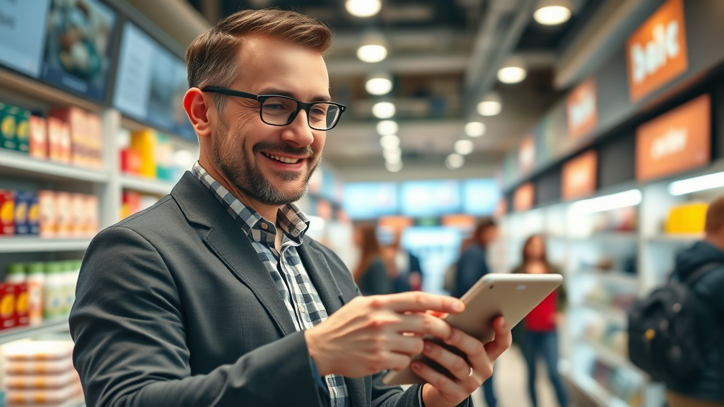 Artificial intelligence transforming a retail small business: Owner analyzing sales with AI technology