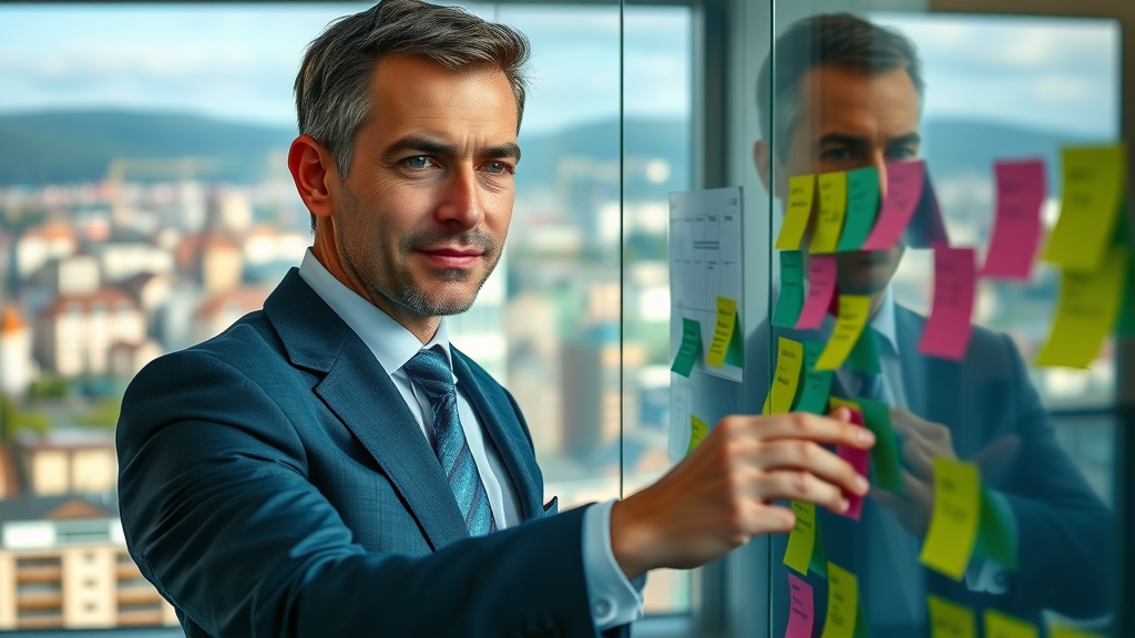 Confident solicitor mapping content strategy, arranging colorful post-its, content strategies for building credibility as a solicitor in Mullingar, cityscape of Mullingar in background