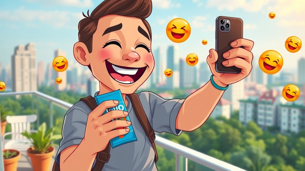cheerful influencer posting branded content on social media, city balcony, viral media content