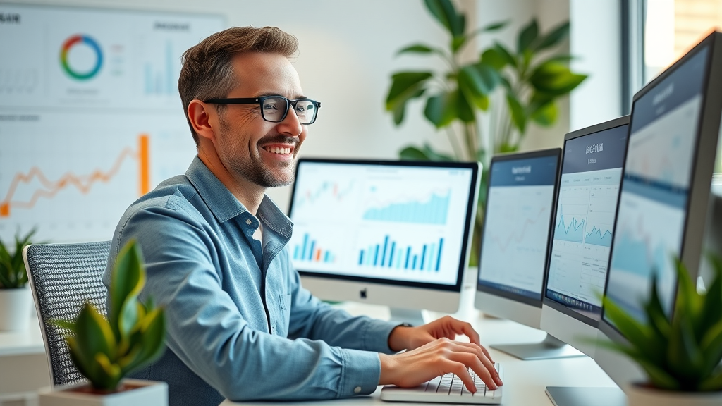 accountant checking KPIs and financial metrics in modern workspace