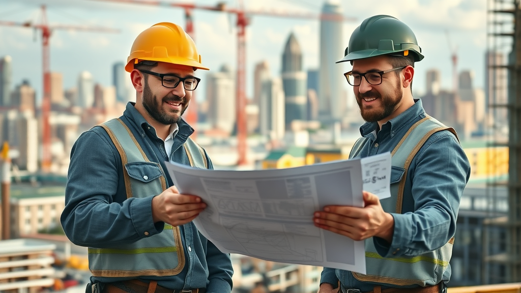 dynamic construction site, workers collaborating, confident expressions, reviewing digital plans, construction companies, busy skyline - why contractors who blog weekly are winning the Google game