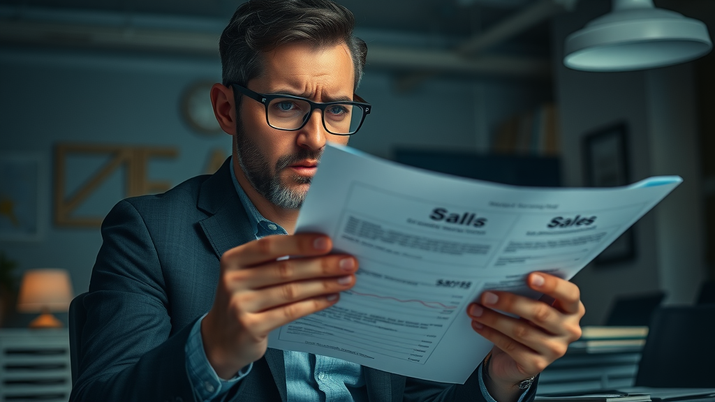 Worried entrepreneur in a dimly lit office, frustrated while analyzing disappointing sales report—underscoring the consequences of weak marketing branding.