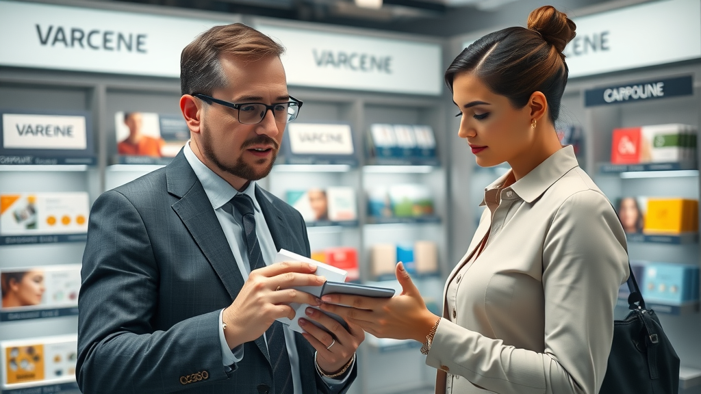 Marketing expert reviewing promotional product samples with client in sleek office