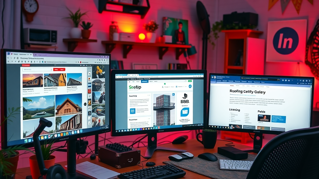 computer screens displaying roofing company gallery, BBB, contractor credentials, and plumber brand partners, what homeowners actually read before hiring a roofer or plumber, colorful and dynamic home office