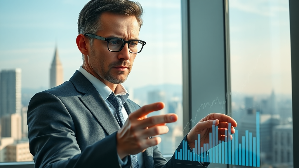 Investor analyzing economic graph reflecting real estate market fluctuations in an urban office
