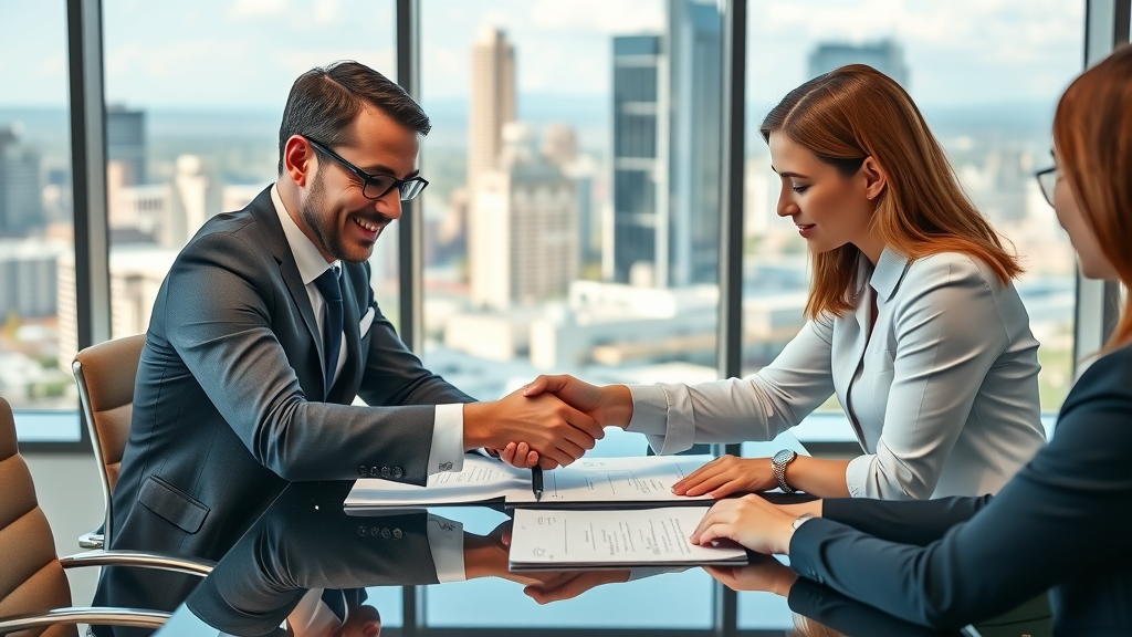 Focused Phoenix business professionals reviewing partnership contracts, shaking hands, demonstrating business partnership collaboration
