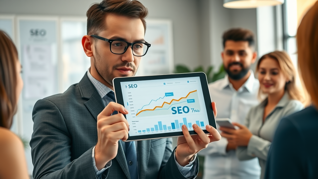 SEO marketing professional presenting content marketing service growth analytics