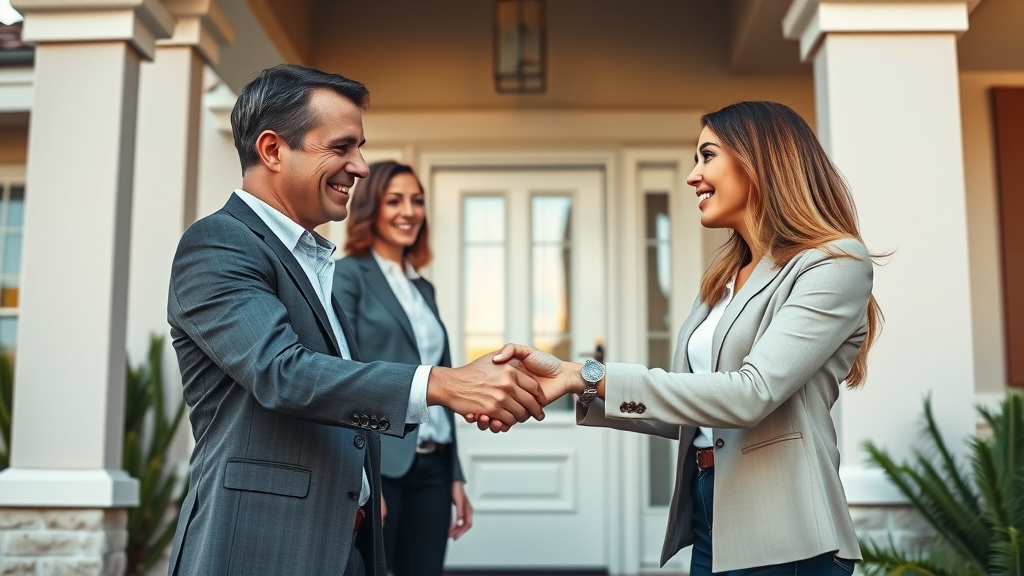 Confident real estate agent handing keys to home buyers on Las Vegas porch – sold homes, Las Vegas market